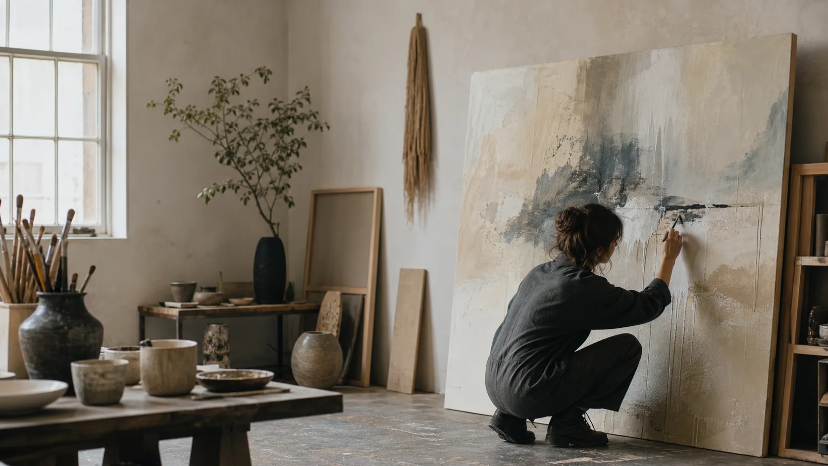 Artist adding details to an abstract canvas in a studio