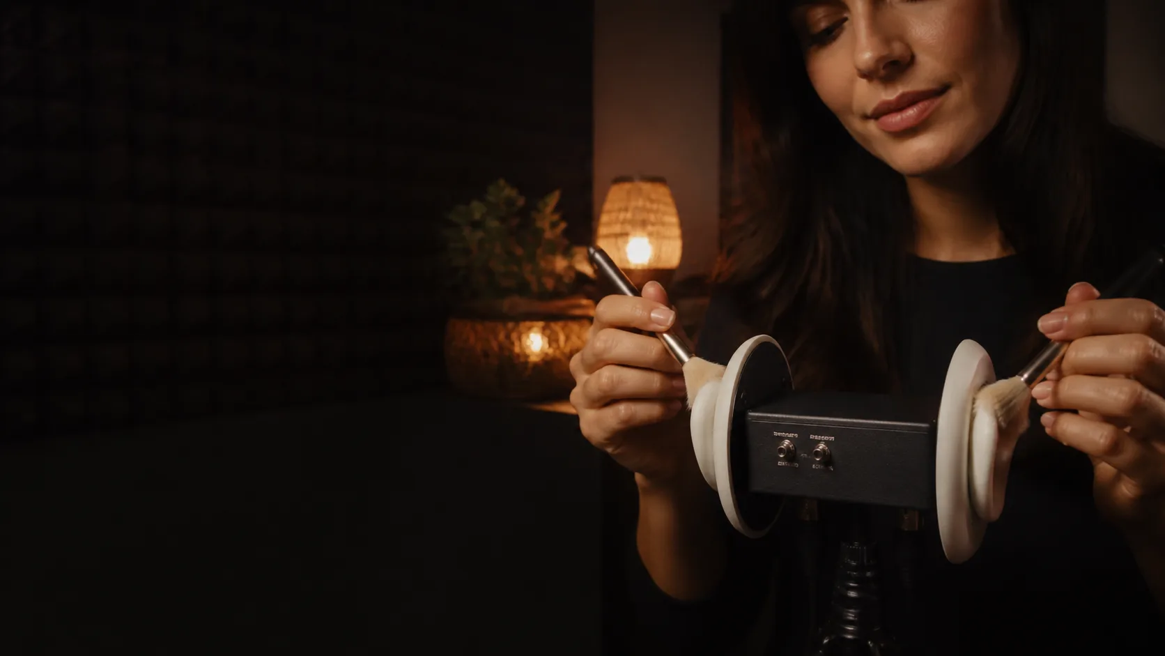 Creator brushing a binaural microphone in a quiet recording studio