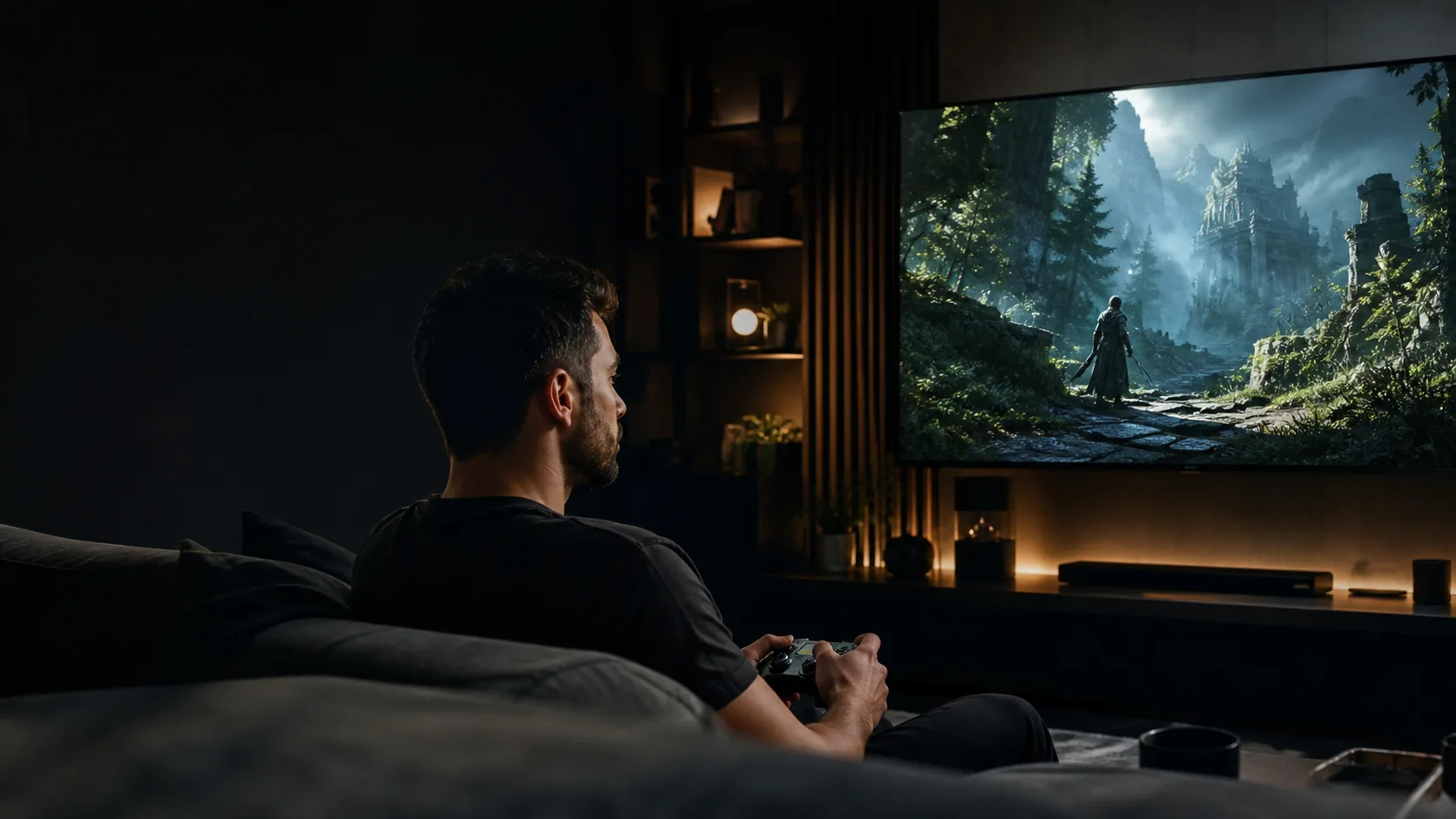 Gaming creator exploring a fantasy world from a refined home setup