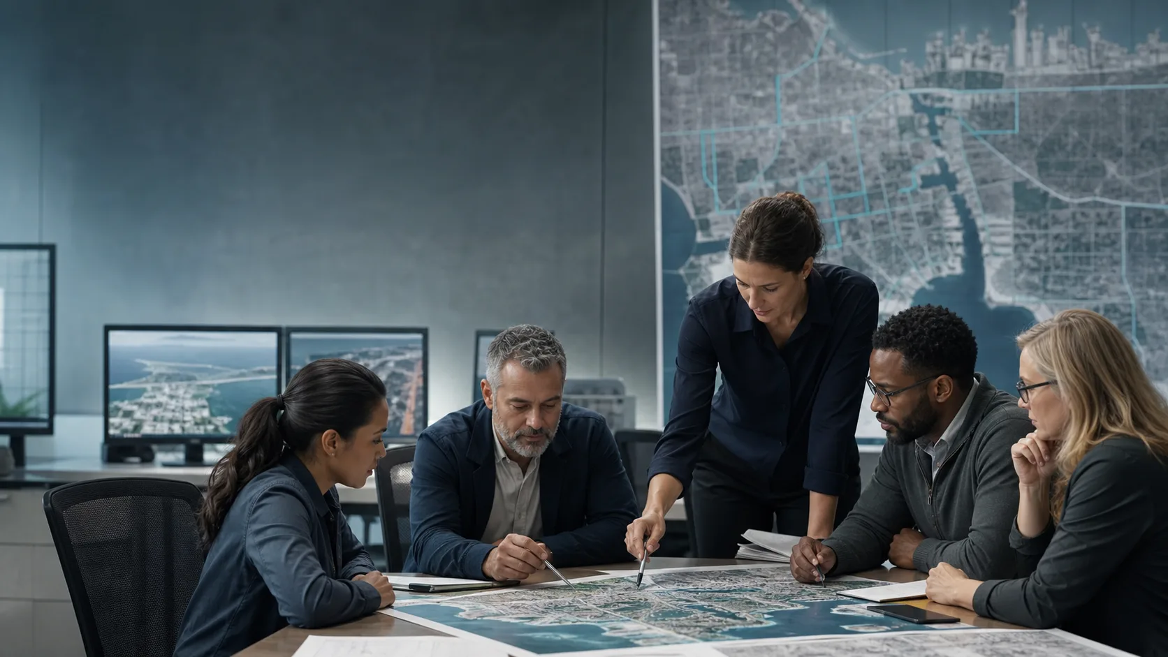 Public-service team reviewing a coastal resilience map