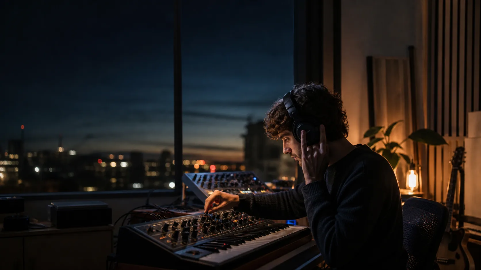 Independent musician working with a synthesizer in a recording studio