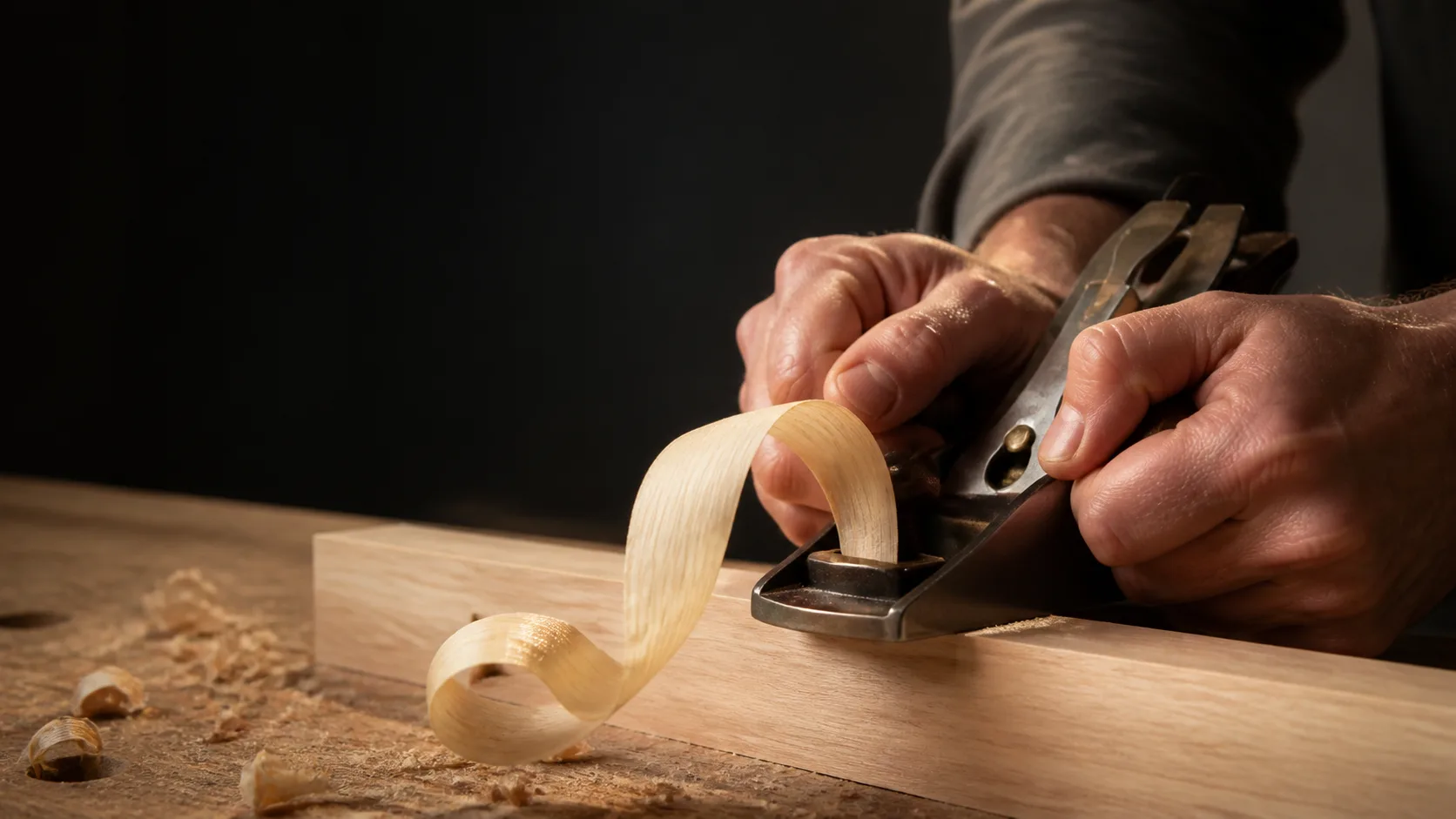 Close-up of a smooth wood shaving curling from a hand plane