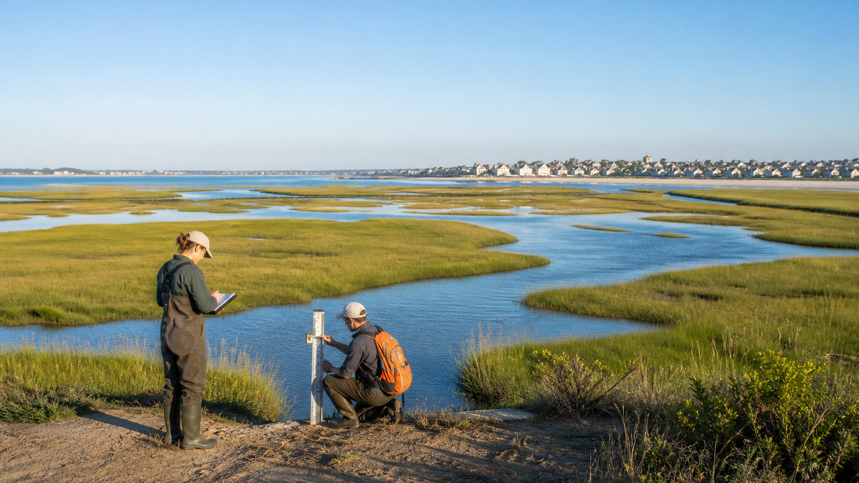 Environmental researchers measuring water in a coastal wetland