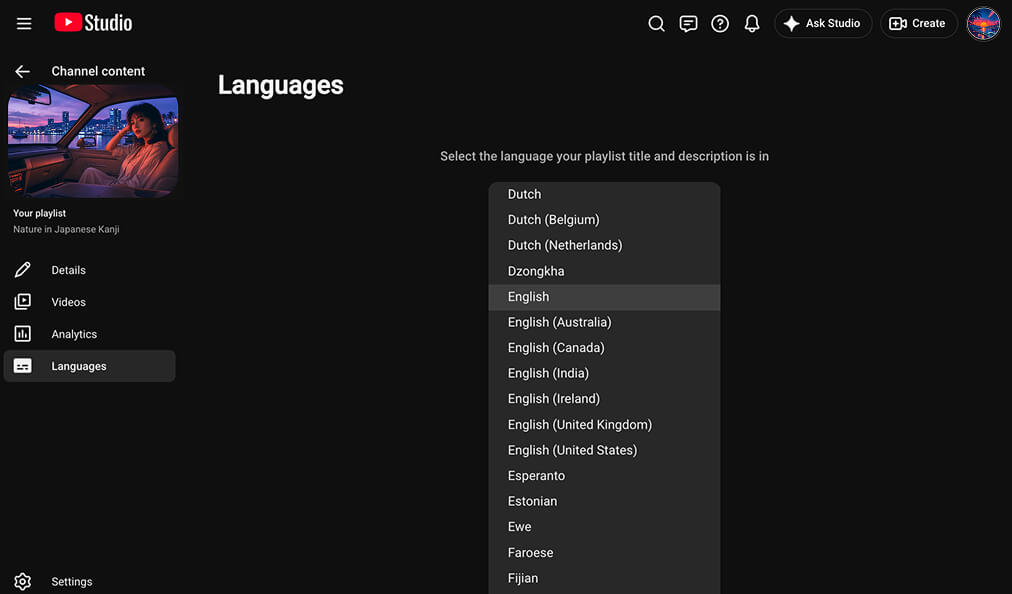 YouTube Studio playlist Languages page asking for the original playlist language